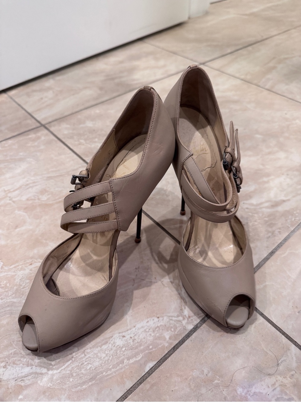 Christian Louboutin Taupe Peep-Toe Strappy Stiletto Heels